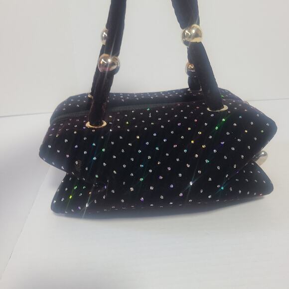 Vintage Black Velvet Rhinestone Evening Handbag w Gold Ball Accent 1960's Style - Picture 13 of 14